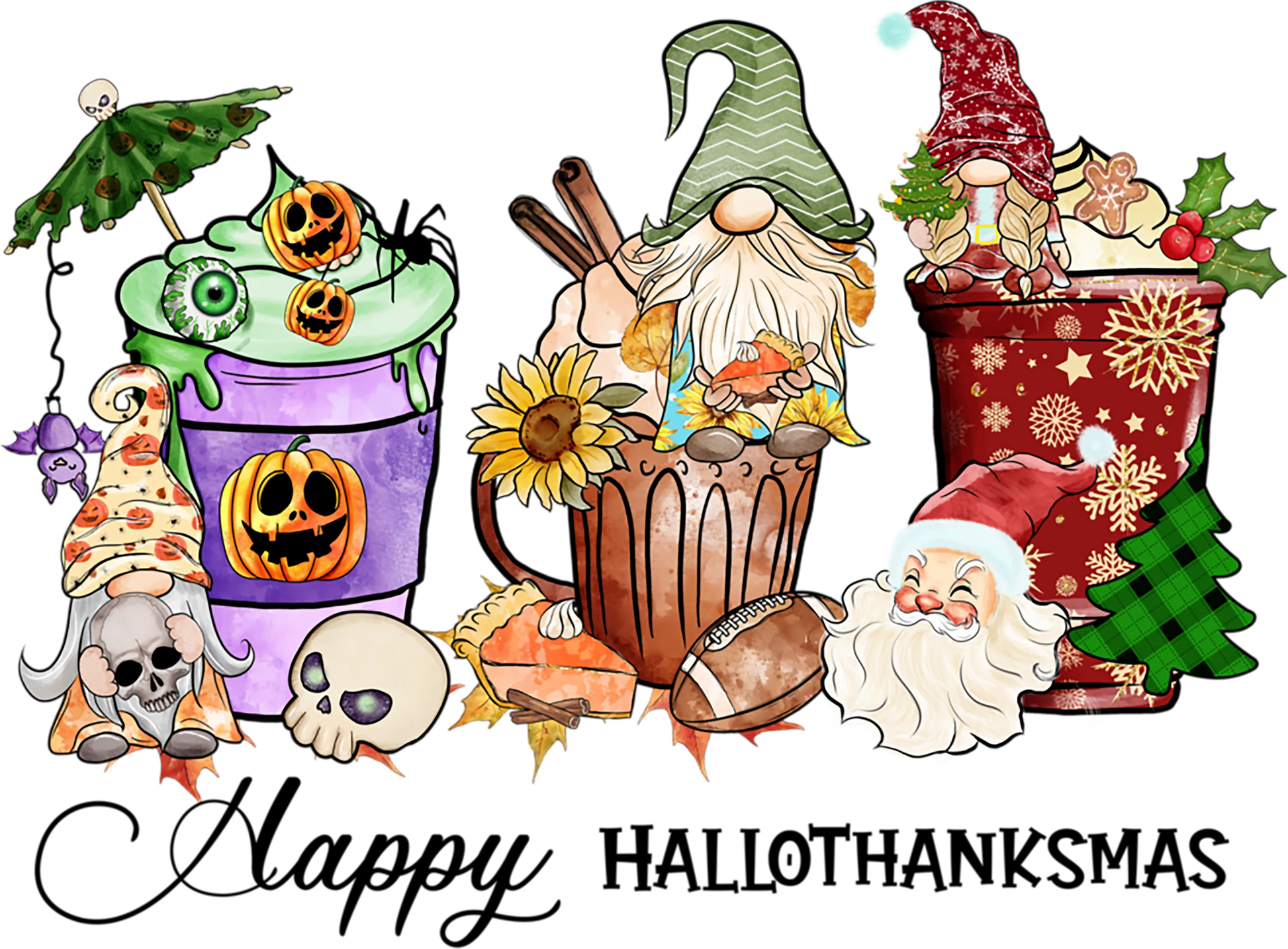 HTM3 - Hallowthanksmas Latte with Gnomes, DTF Transfer, Apparel & Accessories, Ace DTF