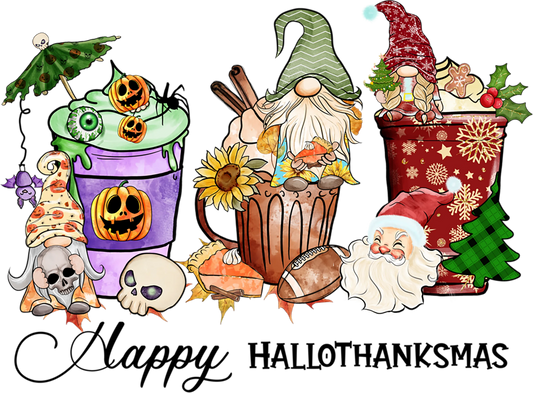 HTM3 - Hallowthanksmas Latte with Gnomes, DTF Transfer, Apparel & Accessories, Ace DTF